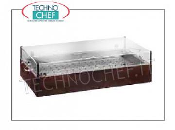 Carrelli di servizio in legno Espositore ghiacciaia con struttura in legno color WENGE', provvisto di 8 contenitori eutettici,  vasca e griglia in acciaio inox, cupola in plexiglass, dim.mm.900x485x230h