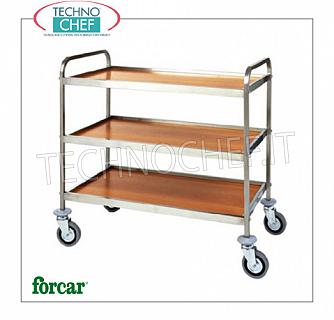 Carrelli di servizio INOX con 3 RIPIANI in NOBILITATO, Portata 120 Kg Carrello di servizio in acciaio inox, marca FORCAR, con 3 piani in nobilitato color NOCE o WENGE' e cornice perimentrale inox, GAMMA COMPLETA
