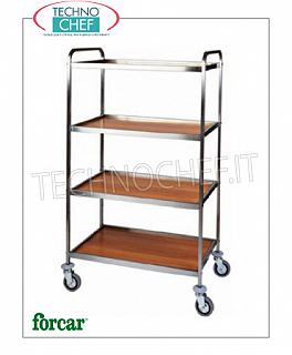 Carrelli di servizio in acciaio inox Carrello di servizio in acciaio inox, marca FORCAR, con 4 ripiani in nobilitato color NOCE e cornice perimetrale inox, GAMMA COMPLETA