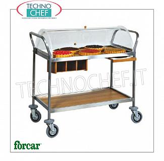 Carrelli per dolci e formaggi Carrello per dolci, formaggi e antipasti in acciaio inox, marca FORCAR, completo di cupola semicircolare in plexiglass, 2 piani in legno color NOCE o WENGE', optional disponibili: pianetto reggipiatto, cassetto portaposate ecc.., GAMMA COMPLETA