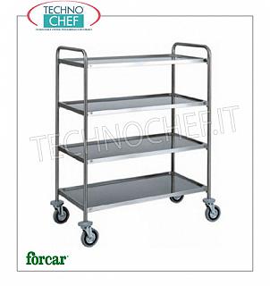 Carrelli di servizio in acciaio inox Carrello di servizio in acciaio inox. marca FORCAR, con 4 piani stampati, portata max 100 Kg, dim.mm.870x590x1400h