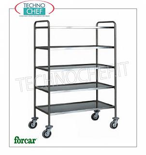 Carrelli di servizio in acciaio inox Carrello di servizio in acciaio inox. marca FORCAR, con 5 piani stampati, portata max 100 Kg, dim.mm.870x590x1700h