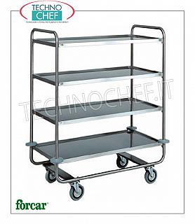 Carrelli di servizio in acciaio inox Carrello di servizio in acciaio inox, marca FORCAR, con 4 piani stampati, portata max 150 Kg, dim.mm.1100x600x1300h