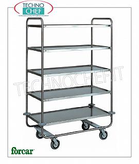 Carrelli di servizio in acciaio inox Carrello di servizio in acciaio inox, marca FORCAR, con 5 piani stampati, portata max 150 Kg, dim.mm.1100x600x1600h