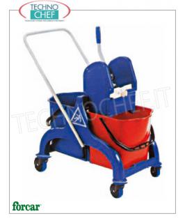 Carrello lavapavimenti con Strizzatore e 2 Secchi Carrello strizzatore, marca FORCAR, completo di 2 secchi da lt 25, strizzatore in plastica, impugnatura reversibile e 4 ruote piroettanti, dim.mm.690x420x850h