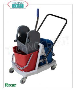 Carrello  lavapavimenti con Strizzatore 2 Secchi Carrello strizzatore, marca FORCAR, completo di 2 secchi da lt 25, strizzatore in plastica, impugnatura reversibile e 4 ruote piroettanti, dim.mm.710x430x930h