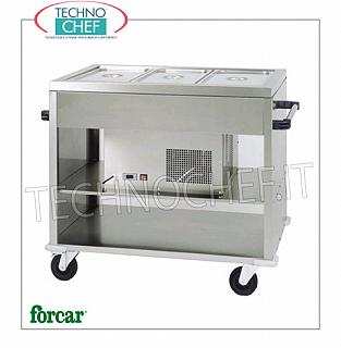 Carrelli refrigerati espositori Carrello refrigerato in acciaio inox, marca FORCAR, per 3 bacinelle Gastro-Norm 1/1 (escluse) o sottomultipli, temperatura +2°/+10°C, V.230/1, Kw.0,25, dim.mm.1240x720x940h