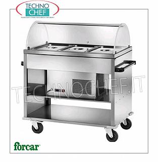 Carrelli refrigerati espositori Carrello refrigerato in acciaio inox, marca FORCAR, per 3 bacinelle Gastro-Norm 1/1 (escluse) o sottomultipli, completo di cupola in plexiglass, temperatura +2°/+10°C, V.230/1, Kw.0,25, dim.mm.1240x720x1260h