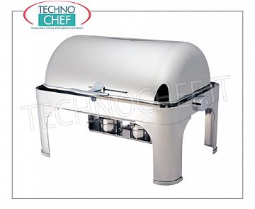 Chafing dish / Scaldavivande Chafing dish in acciaio inox lucido per 1 bacinella GN 1/1 o sottomultipli, riscaldamento a bagnomaria con bruciatori ad alcool, versione con coperchio scorrevole a scomparsa roll-top 180°,dim.mm.650x470x450h