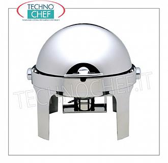 Chafing dish / Scaldavivande Chafing dish tondo in acciaio inox lucido per 1 bacinella diam.mm.350x60h, riscaldamento a bagnomaria con bruciatori ad alcool, versione con coperchio scorrevole a scomparsa roll-top 180°, dim.mm.500x520x450h