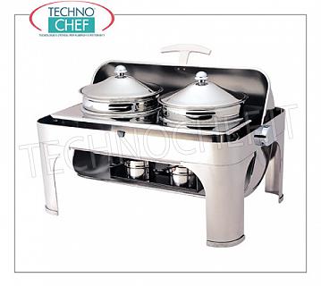 Scaldavivande / Chafing dish Chafing dish in acciaio inox lucido per 2 pentole da lt.4,6 cadauna, riscaldamento a bagnomaria con bruciatori ad alcool, versione con coperchio scorrevole a scomparsa roll-top 180°, dim.mm.650x470x450h