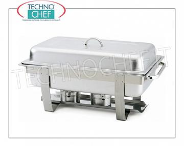 Chafing dish / Scaldavivande Chafing dish in acciaio inox per 1 bacinella GN 1/1 o sottomultipli, riscaldamento a bagnomaria con bruciatori ad alcool, versione con coperchio rettangolare e maniglie laterali,dim.mm.670x370x410h