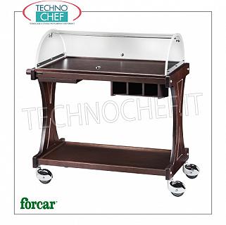 Carrelli per dolci e formaggi in legno Carrello per dolci, formaggi e antipasti in legno color WENGE', marca FORCAR, completo di cupola semicircolare aperta sui 2 lati, optional disponibili: pianetto reggipiatto, cassetto portaposate ecc.., dim.mm.860x550x1100h