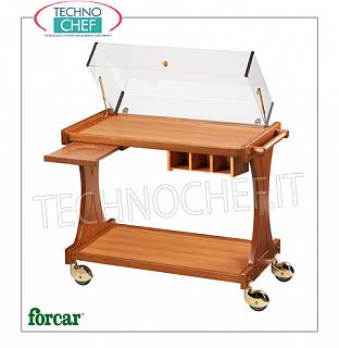Carrelli per dolci e formaggi in legno Carrello per dolci, formaggi e antipasti in legno color NOCE, marca FORCAR, completo di cupola sollevabile in plexiglass, optional disponibili: pianetto reggipiatto, cassetto portaposate ecc.., dim.mm.860x550x950h