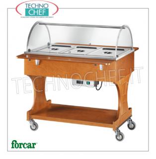 FORCAR - Technochef, Carrello caldo a bagnomaria, 3 bacinelle GN 1/1, Mod.CL2777 Carrello espositore caldo a bagnomaria in legno color NOCE, marca FORCAR, completo di cupola in plexiglass, 2 mensole d'appoggio e ripiano inferiore, capacità 3 bacinelle GN 1/1 (escluse), tem.+30°/+90°C, V.230/1, Kw.2,00, dim.mm.1110x1120x1250h