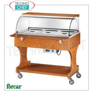 FORCAR - Technochef, Carrello caldo a bagnomaria, 3 bacinelle GN 1/1, Mod.CL2778 Carrello espositore caldo a bagnomaria in legno color NOCE, marca FORCAR, completo di cupola in plexiglass, 2 mensole d'appoggio e ripiano inferiore, capacità 3 bacinelle GN 1/1 (escluse), temperatura +30°/+90°C, V.230/1, Kw.2,00, dim.mm.1110x900x126