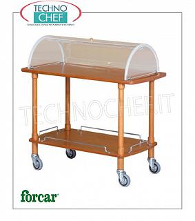 Carrelli per dolci e formaggi in legno Carrello per dolci, formaggi e antipasti in legno massello con cupola in plexiglass semicircolare aperta sui 2 lati, marca FORCAR, 2 piani in multistrato tinto NOCE, 4 ruote piroettanti diam.95 mm, dim.mm.1100x550x1070h