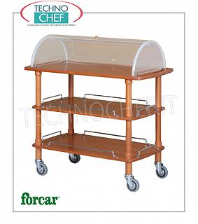 Carrelli per dolci e formaggi in legno Carrello per dolci, formaggi e antipasti in legno massello con cupola in plexiglass semicircolare aperta sui 2 lati, marca FORCAR, 3 piani in multistrato tinto NOCE, 4 ruote piroettanti diam.95 mm, dim.mm.1100x550x1140h