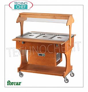 Carrelli refrigerati espositori Carrello espositore refrigerato in legno color NOCE o WENGE', marca FORCAR, completo di cupola in plexiglass e mensole d'appoggio, capacità 3 bacinelle GN 1/1 (escluse), temp.+2°/+10°C, refrigerazione statica, V.230/1, Kw.0,25, dim.mm.1110x1120x1420h