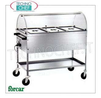 FORCAR - Technochef, Carrello caldo a bagnomaria, 3 Bacinelle GN 1/1, Mod.CT1760C Carrello termico bagnomaria in acciaio inox, FORCAR, con vasca per 3 bacinelle Gastro-Norm 1/1, h 200 mm (escluse), cupola in plexiglass e piano inferiore, termostato regolabile +30°/+90°C, V.230/1, Kw.2,00, dim.mm.1170x670x1140h