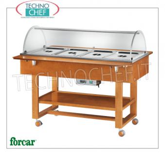 FORCAR - Technochef, Carrello caldo a bagnomaria, 4 bacinelle GN 1/1, Mod.ELC2832 Carrello espositore caldo a bagnomaria in legno color NOCE, marca FORCAR, completo di cupola in plexiglass, 2 mensole d'appoggio e ripiano inferiore, capacità 4 bacinelle GN 1/1 (escluse), temp.+30°/+90°C, V.230/1, Kw.2,00, dim.mm.1480x1120x1250h