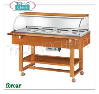 FORCAR - Technochef, Carrello caldo a bagnomaria, 4 bacinelle GN 1/1, Mod.ELC2834 Carrello espositore caldo a bagnomaria in legno color NOCE, marca FORCAR, completo di cupola in plexiglass, 2 mensole d'appoggio e ripiano inferiore, capacità 4 bacinelle GN 1/1 (escluse), temp.+30°/+90°C, V.230/1, Kw.2,00, dim.mm.1480x900x1260h