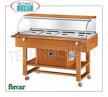 Carrelli refrigerati espositori Carrello espositore refrigerato in legno color NOCE o WENGE', marca FORCAR, completo di cupola in plexiglass, 2 mensole d'appoggio, capacità 4 bacinelle GN 1/1 (escluse), temp.+2°/+10°C, refrigerazione statica, V.230/1, Kw.0,25, dim.mm.1480x900x1260h