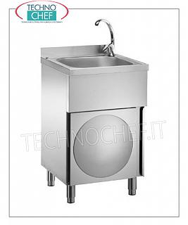 LAVAMANI/LAVAUTENSILI INOX su MOBILE con anta a battente Lavamani/Lavautensili in acciaio inox su mobile con porta a battente, vasca da mm.400x400x250, con miscelatore acqua calda/fredda, dimensioni mm 500X500X850h