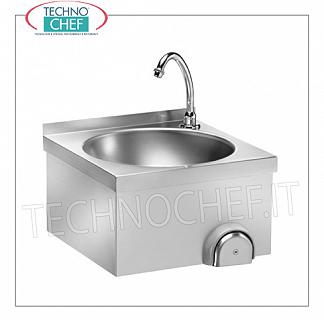 Lavamani in acciaio inox con comando a ginocchio, installabile a parete Lavamani inox a parete con alzatina, vasca circolare completa di comando a ginocchio con erogatore temporizzato, dimensioni mm 400x400x320h