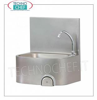 Lavamani in acciaio inox con comando a ginocchio e schienale, installabile a parete Lavamani inox a parete con schienale, comando a ginocchio con erogatore temporizzato, su mobile arrotondato, dimensioni mm 480x350x530h