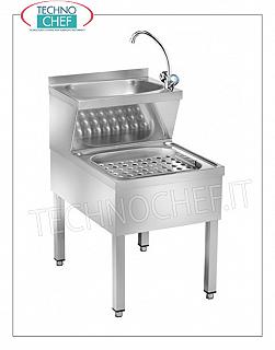 LAVAMANI professionale-industriale INOX con VASCA SUPERIORE e VASCA INFERIORE per STRACCI, Lavamani inox con vasca superiore semicircolare a goccia, con sottostante lavello per STRACCI completo di rubinetto miscelatore al servizio delle 2 vasche, dimensioni mm 700x500x890h