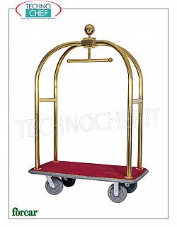 Forcar - CARRELLO PORTABABLI / VALIGIE con APPENDIABITI, art. PV2001 Carrello portabiti e portavalige, con struttura in tubo di acciaio OTTONATO o INOX, ripiano in legno rivestito da moquette, dim.mm.1240x640x1900h