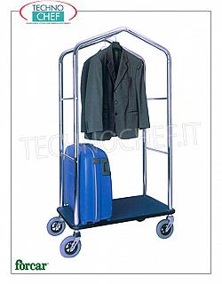 Forcar - CARRELLO PORTABAGAGLI / VALIGIE con APPENDIABITI,  art. PV4056 Carrello portabiti e portavalige, marca FORCAR, con struttura in tubo di acciaio cromato, ripiano in legno rivestito da moquette blu, dim.mm.950x550x1830h