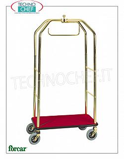 Forcar - CARRELLO PORTABAGAGLI / VALIGIE con APPEDIABITI, art. PV4062 Carrello portabiti e portavalige, marca FORCAR, con struttura in tubo di acciaio OTTONATO o CROMATO, ripiano in legno rivestito da moquette, 4 ruote piroettanti, dim.mm.950x550x1900h