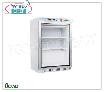 Forcar - Armadio Congelatore-Freezer STATICO, con PIANI Grigliati  EVAPORANTI  FISSI 1 Porta, ECO, lt.130, Temp.-18°/ -22°C, Classe D, mod.G-EF200G Armadio Congelatore-Freezer 1 porta vetro, STATICO con PIANI Grigliati  EVAPORANTI  FISSI, Linea ECO, struttura esterna in lamiera, interno in ABS, lt.130, Temp.-18°/-22°C, Gas R290, Classe D, V.230/1, Kw.0,27, Peso 45 Kg, dim.mm.600x600x855h