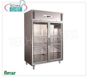 Forcar -  Frigor  2 porte vetro, INOX 304,  lt.1325, Ventilato, Temp.+2°/+8°C, Classe C, mod.G-GN1410TNG Armadio Frigorifero 2 porte vetro, capacità lt.1325, Temperatura +2°/+8°C, Refrigerazione ventilata, Gas R290, Classe C, Gastronorm 2/1, V.230/1, Kw.0,5, Peso 208 Kg, dim.mm.1480x830x2010h