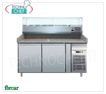 Banco Pizza Refrigerato 2 PORTE, Piano in GRANITO e Vetrina Ingredienti da 1/3 o 1/4 gn, CLASSE  B Banco pizza refrigerato FORCAR  2 PORTE, con vetrina refrigerata profonda 330 mm, capacità 7 bacinelle GN 1/4 (mm 265x162), temperatura d'esercizio -2/+8°C, V.230/1, Ventilato, ECOLOGICO in Classe B, Gas R290, Kw.0,26, dim.mm.1510x800x1390h