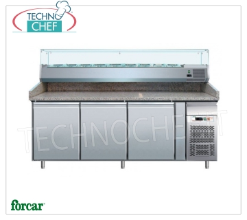BANCO PIZZA REFRIGERATO, 3 Porte, Piano in Granito, Vetrina Ingredienti profonda 380 mm, dim.mm.2020x800x1445h