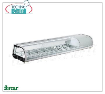 Vetrina Espositiva Refrigerata per Sushi, capacità 8 bacinelle GN 1/3, Marca FORCAR VETRINA ESPOSITRICE REFRIGERATA per SUSHI, Marca FORCAR, capacità 8 bacinelle GN 1/3, temperatura d'esercizio 0°/+12°C, V.230/1, Kw.0,19, dim.mm.1800x420x265h