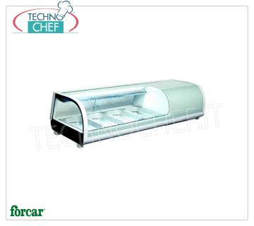 Vetrina Espositiva Refrigerata per Sushi, capacità 4 bacinelle GN 1/3, Classe B, Marca FORCAR VETRINA ESPOSITRICE REFRIGERATA per SUSHI, Marca FORCAR, capacità 4 bacinelle GN 1/3, temperatura d'esercizio 0°/+12°C, ﻿Classe B, V.230/1, Kw.0,19, dim.mm.1177x420x265h