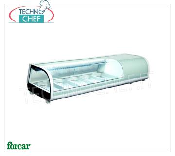 Vetrina Espositiva Refrigerata per Sushi, capacità 5 bacinelle GN 1/3, Classe C, Marca FORCAR VETRINA ESPOSITRICE REFRIGERATA per SUSHI, Marca FORCAR, capacità 5 bacinelle GN 1/3, temperatura d'esercizio 0°/+12°C, Classe C, V.230/1, Kw.0,19, dim.mm.1352x420x265h