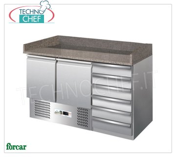 Banco Pizza Refrigerato GN,  2 PORTE + CASSETTIERA, Piano in Granito, Alzatina, CLASSE C BANCO PIZZA REFRIGERATO 2 PORTE+CASSETTIERA, piano in granito con alzatina sui 3 lati, Temp.+2°/+8°C, Statico, ECOLOGICO in Classe C, Gas R600a, V.230/1, Kw.0,155, Peso 268 Kg, dim.mm.1400x700x1020h