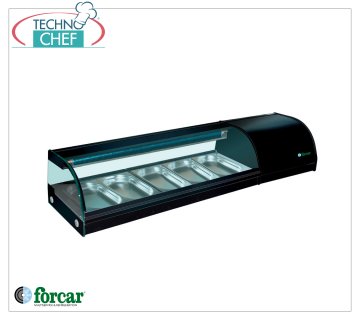 Forcar - Vetrina Espositiva Refrigerata per Sushi, capacità 5 bacinelle GN 1/3 h 40 mm, mod.G-SSS1500 Vetrina Espositiva Refrigerata per Sushi, capacità 5 bacinelle GN 1/3, Classe B, temperatura +0°/+6°C, V.230/1, Kw.0,16, dim.mm.1500x415x300h