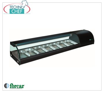 Forcar - Vetrina Espositiva Refrigerata per Sushi, capacità 7 bacinelle GN 1/3 h 40 mm, mod.G-SSS1800 Vetrina Espositiva Refrigerata per Sushi, capacità 7 bacinelle GN 1/3, Classe B, temperatura +0°/+6°C, V.230/1, Kw.0,23, dim.mm.1800x415x300h