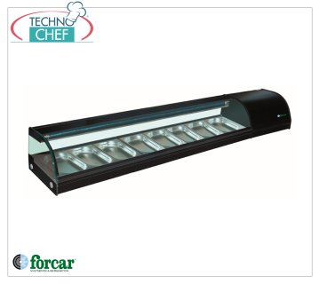 Forcar - Vetrina Espositiva Refrigerata per Sushi, capacità 8 bacinelle GN 1/3 h 40 mm, mod.G-SSS2000 Vetrina Espositiva Refrigerata per Sushi, capacità 8 bacinelle GN 1/3, Classe C, temperatura +0°/+6°C, V.230/1, Kw.0,23, dim.mm.2000x415x300h