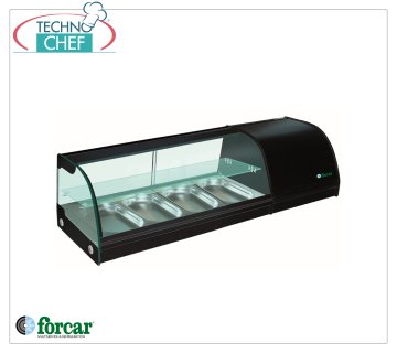 Forcar - Vetrina Espositiva Refrigerata per Sushi, 2 ripiani, capacità 4 bacinelle GN 1/3 h 40 mm, mod.G-TS1200 Vetrina Espositiva Refrigerata per Sushi, 2 ripiani, capacità 4 bacinelle GN 1/3, Classe B, temperatura +4°/+8°C, V.230/1, Kw.0,16, dim.mm.1200x415x300h