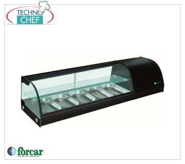 Forcar - Vetrina Espositiva Refrigerata per Sushi, 2 ripiani, capacità 5 bacinelle GN 1/3 h 40 mm, mod.G-TS1500 Vetrina Espositiva Refrigerata per Sushi, 2 ripiani, capacità 5 bacinelle GN 1/3, Classe B, temperatura +4°/+8°C, V.230/1, Kw.0,16, dim.mm.1500x415x330h