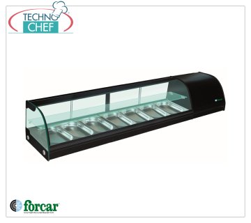 Forcar - Vetrina Espositiva Refrigerata per Sushi, 2 ripiani, capacità 7 bacinelle GN 1/3 h 40 mm, mod.G-TS1800 Vetrina Espositiva Refrigerata per Sushi, 2 ripiani, capacità 7 bacinelle GN 1/3, Classe B, temperatura +4°/+8°C, V.230/1, Kw.0,23, dim.mm.1800x415x300h