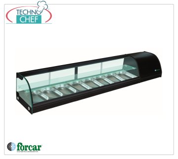 Forcar - Vetrina Espositiva Refrigerata per Sushi, 2 ripiani, capacità 8 bacinelle GN 1/3 h 40 mm, mod.G-TS2000 Vetrina Espositiva Refrigerata per Sushi, 2 ripiani, capacità 8 bacinelle GN 1/3, Classe C, temperatura +4°/+8°C, V.230/1, Kw.0,23, dim.mm.2000x415x300h