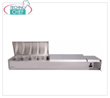 Vetrina Portaingredienti Pizza Inox, Refrigerata, Lunga cm 180, per 9 bacinelle GN 1/4, VETRINA REFRIGERATA orizzontale con struttura e coperchio INOX per INGREDIENTI PIZZA, Temp.+2°/+8 °C, linea con PROFONDITA' 335 mm per 9 bacinelle GN 1/4, V.230/1, Kw 0,145,  Peso Kg.43, dim.mm.1800x335x285h.